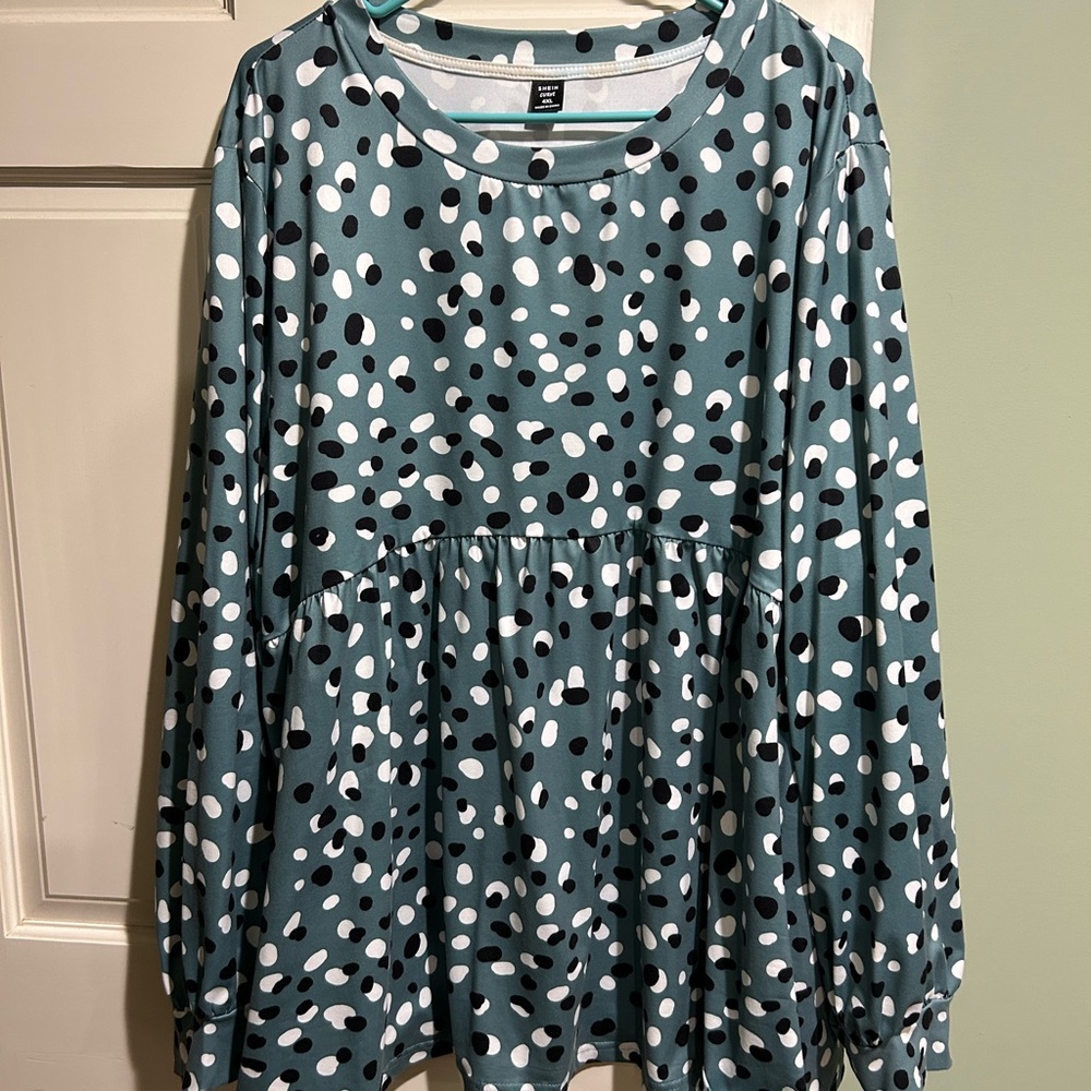 SHEIN Teal and White Polka Dot Long Sleeve Top